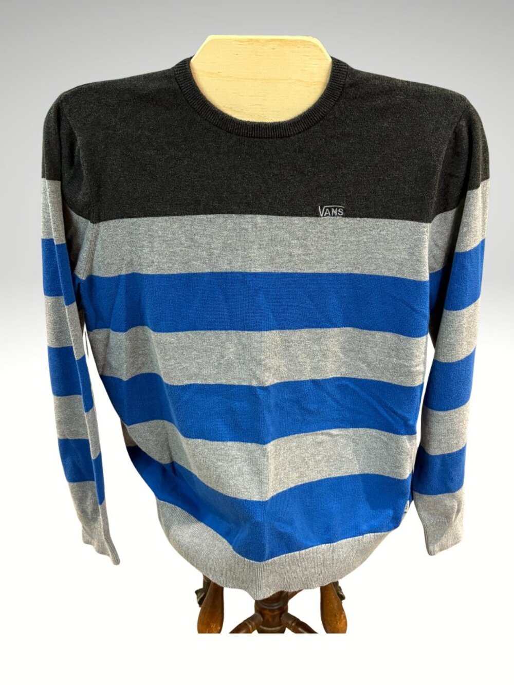 Vans Mens Blue Gray Striped Crewneck Sweater Large Skate Streetwear (SKU: 35M)